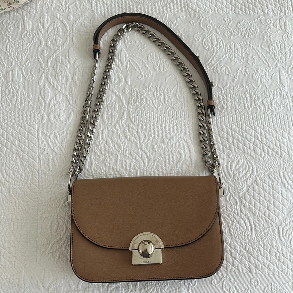 Prada Tan Crossbody Bag with Flap Closure and Chain Strap